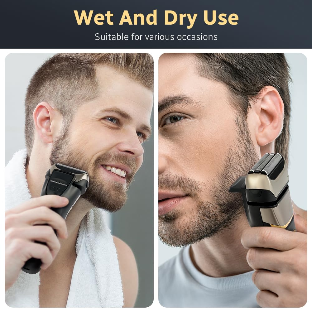 AOOWU Rasoio Elettrico Barba, 2 In 1 Ricaricabile Regolabarba Uomo, Wet & Dry Foil Shaver con 3 Lame, 7500 Giri/Min Portatile Rasoio Elettrico da Uomo, Display Digitale di Potenza, IPX6, Idea Regalo