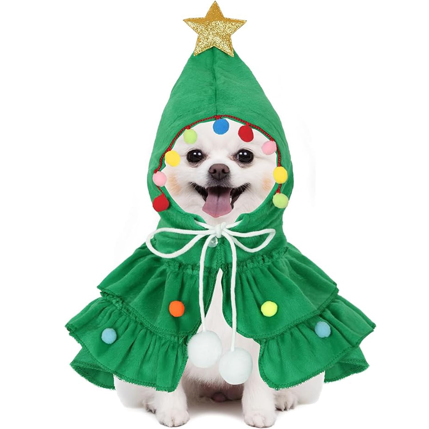 GGEROU Christmas Pet Costume for Dogs Cat，Pet Christmas Cloak with Pompom，Christmas Dog Cat Cape with Hat Christmas Outfit Christmas Cosplay for Cats Small Dogs (Medium, Green Cloak)