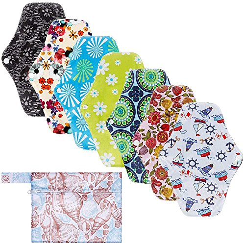 Rovtop 7 pcs 25.4cm Serviettes Hygiéniques Lavables Pads Menstruel Chiffon Serviette Menstruelle Réutilisables au Charbon de Bambou + 1 Mini Sac Portatif Cover