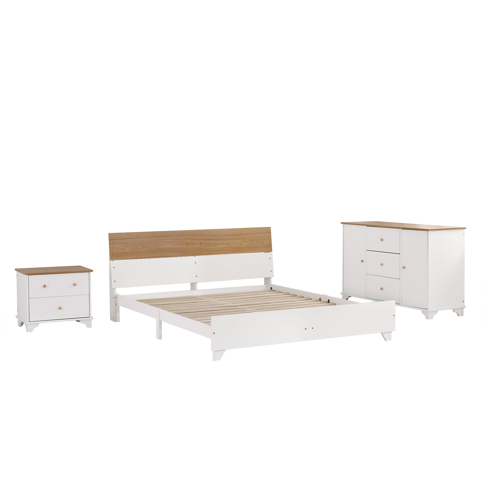 Set di 3 camere da letto complete, letto matrimoniale 160 x 200 cm, comodino+cassettiera, con 16 doghe, 2 cassetti e 2 ante