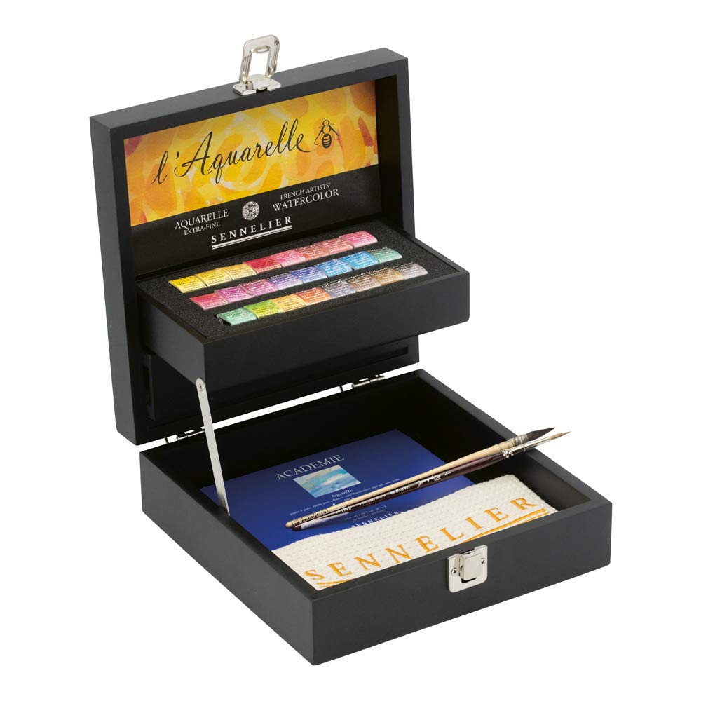 Sennelier Boîte en bois aquarelle pour artistes français, 28 pièces, multicolore