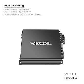 Recoil DI550.4 فئة كاملة المدى- D 4 - مضخم صوت سيارة القناة ، 1040 واط أقصى طاقة ، 2 - 4 Ohm Stable ، Mosfet Power Supply ، Bridgeable