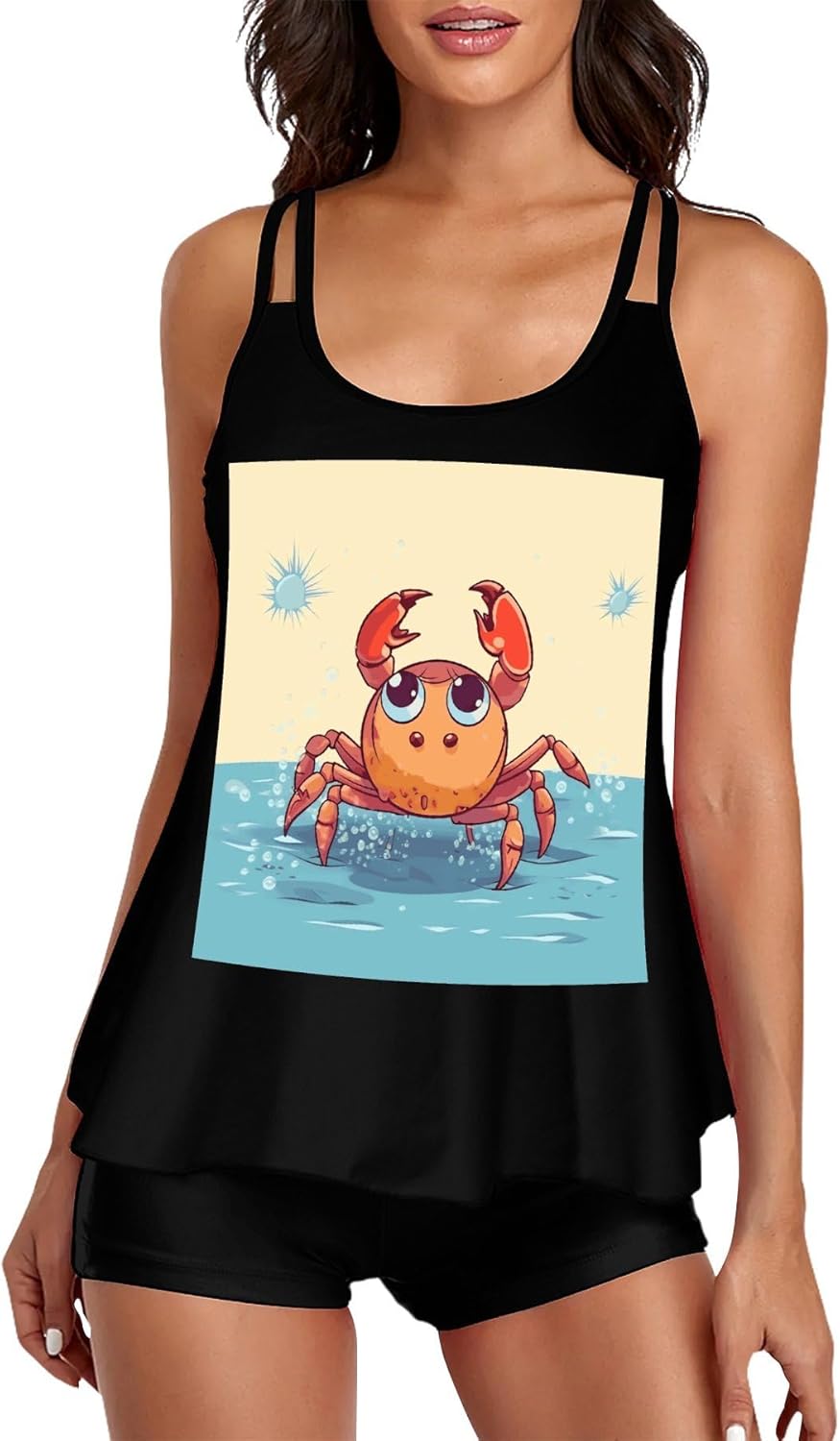 Summer Cartoon Crab Tankini Swimsuits for Women Tummy Control Two Piece Bathing Suits Swim Tops with Boy Shorts
