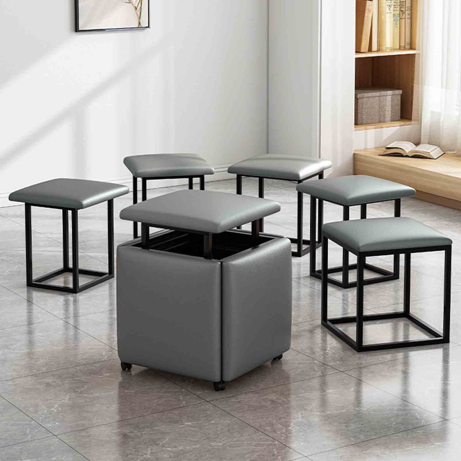 Stołek otomany 5 w 1 do układania w stos, skórzany fotel sześcienny do domu rama ze stali węglowej z kółkami uniwersalny podnóżek do jadalni Rozmiar: 45 x 45 x 45 cm Kolor: [kolor wkładki].
