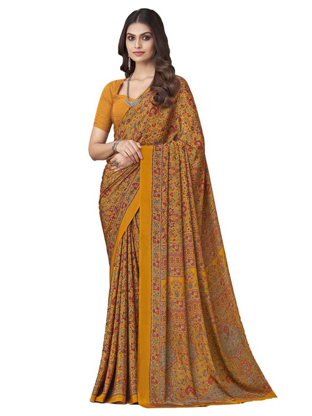 SIRIL Women’s Floral Printed Silk Crepe Saree with Unstitched Blouse Piece
