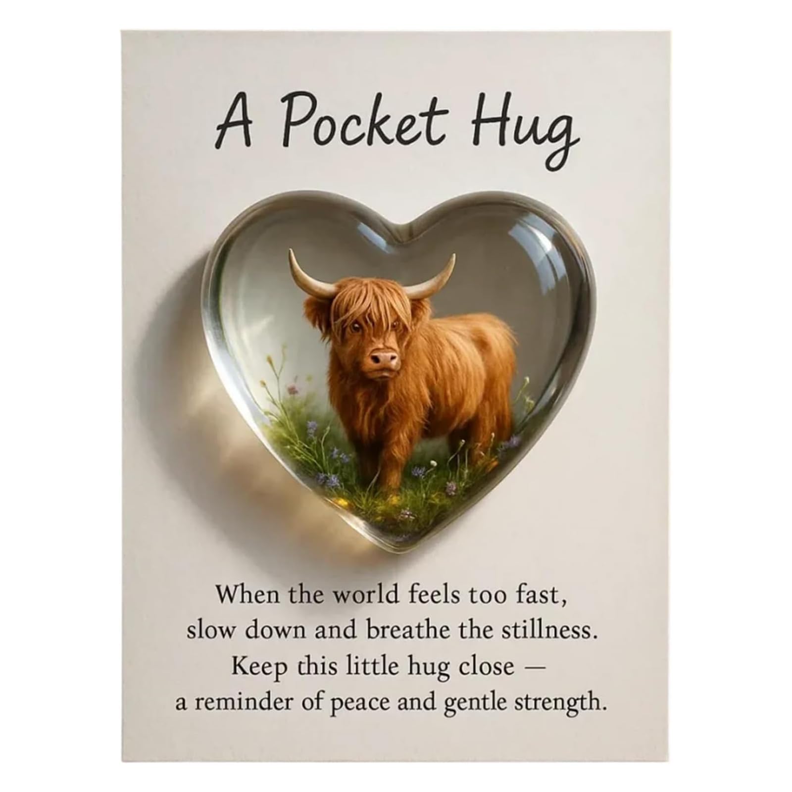 Hemoravoma A Pocket Hug Highland Cow, Heart Highland Cow Token, Heart Shaped on Resin Emotional Support Gift with Inspirational Card, Encouragement Gift for Friends, Family, Student (1)