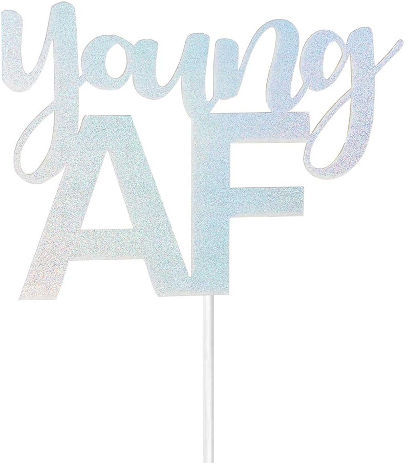 Laser Silver Young AF Cake Toppers - Funny Birthday Party Decorations Supplies - for 20th-30th-40th-50th-60th-70th-80th-90th Birthday Cake Toppers