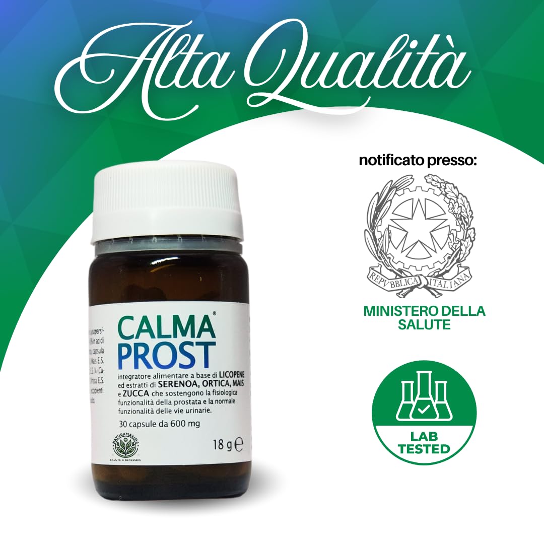 CALMAPROST – Integratore Naturale per Benessere della Prostata e Funzionalità Urinaria, 30 Capsule con Serenoa Repens, Licopene, Zinco e Selenio