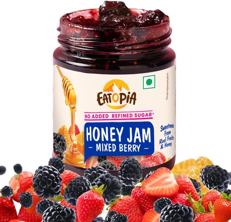 Eatopia Sugar Free Mixed Berry Honey Jam | 100% Pure & Natural | Healthy Jam for Kids & Adults | 70% Real Fruit Berries | No Added Flavours & Preservatives | Sweetness from Real Fruits & Honey | Pack of 1 | 240g
