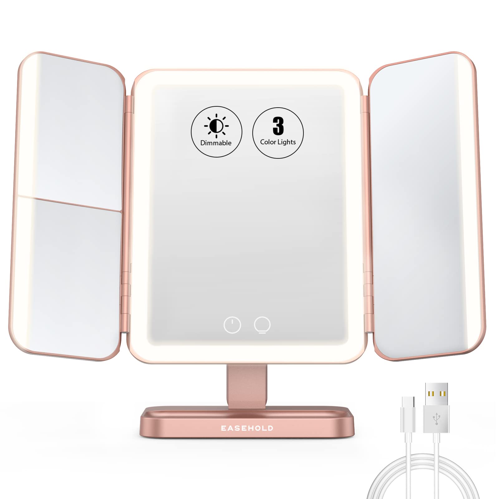 EASEHOLDRechargeable 5000 mAh Lighted Makeup Mirror, 1X/2X/3X/10X Magnifying Vanity Mirror, 3-Color Mirror with Lights, 116 LEDs, Adjustable Brightness/Angle, Rose Gold
