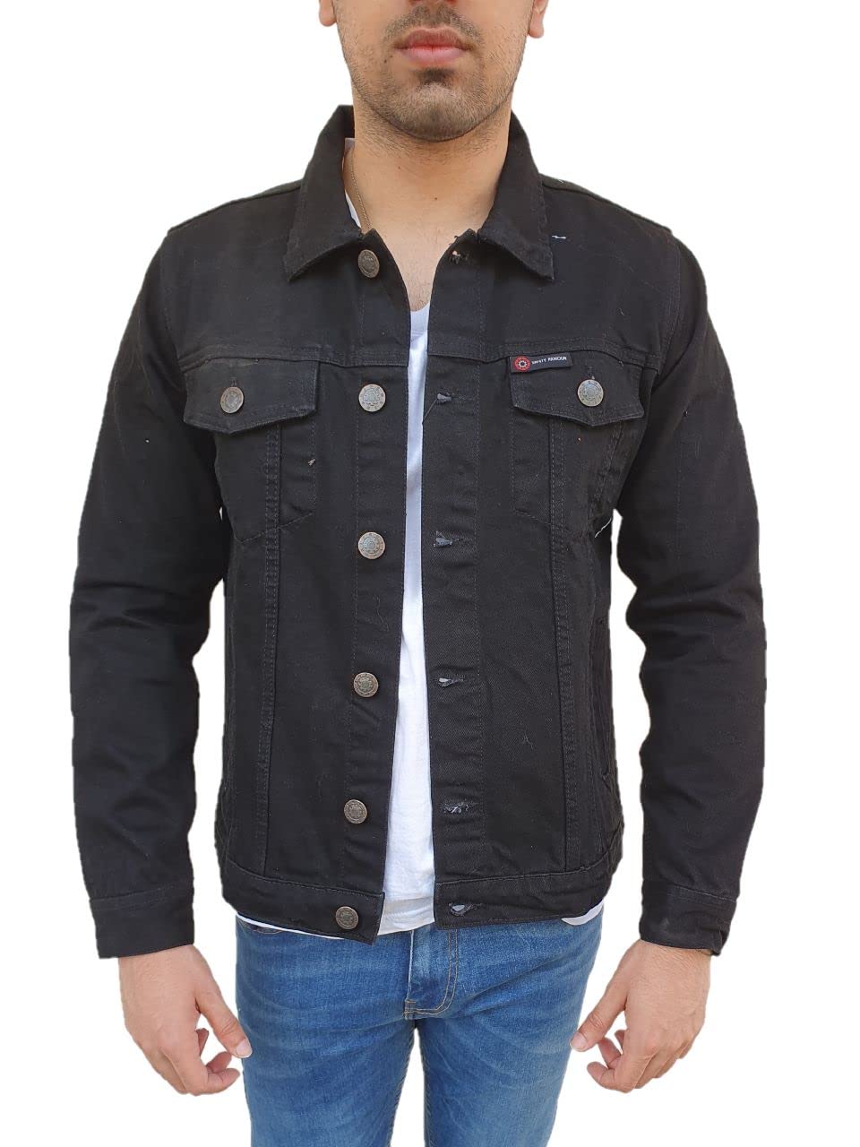 Overdrive Men's Denim Biker Trucker Jacket CE Armored Protective Foam Pads Black Jeans Fabric Two Gun Pockets (as1, alpha, l, regular, regular)