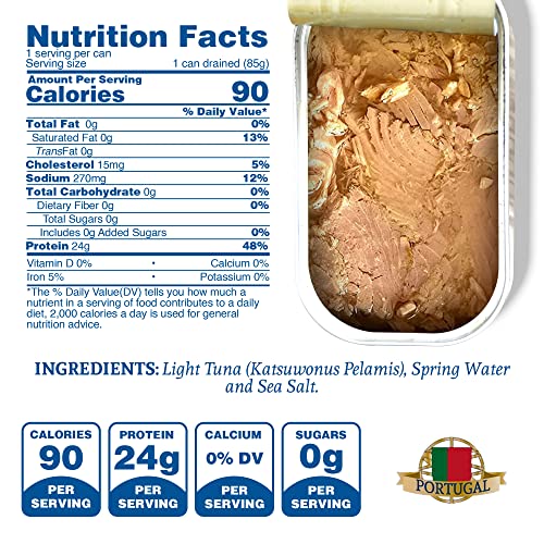 Image of Santo Amaro - Artisanal Wild Tuna Fish in Spring Water, Pole & Line Wild Caught Tuna from Portugal, Hand-Packed Canned Tuna, Solid Light Tuna, 24g Protein Keto, 90 Calories, Low Mercury, Pack of 6