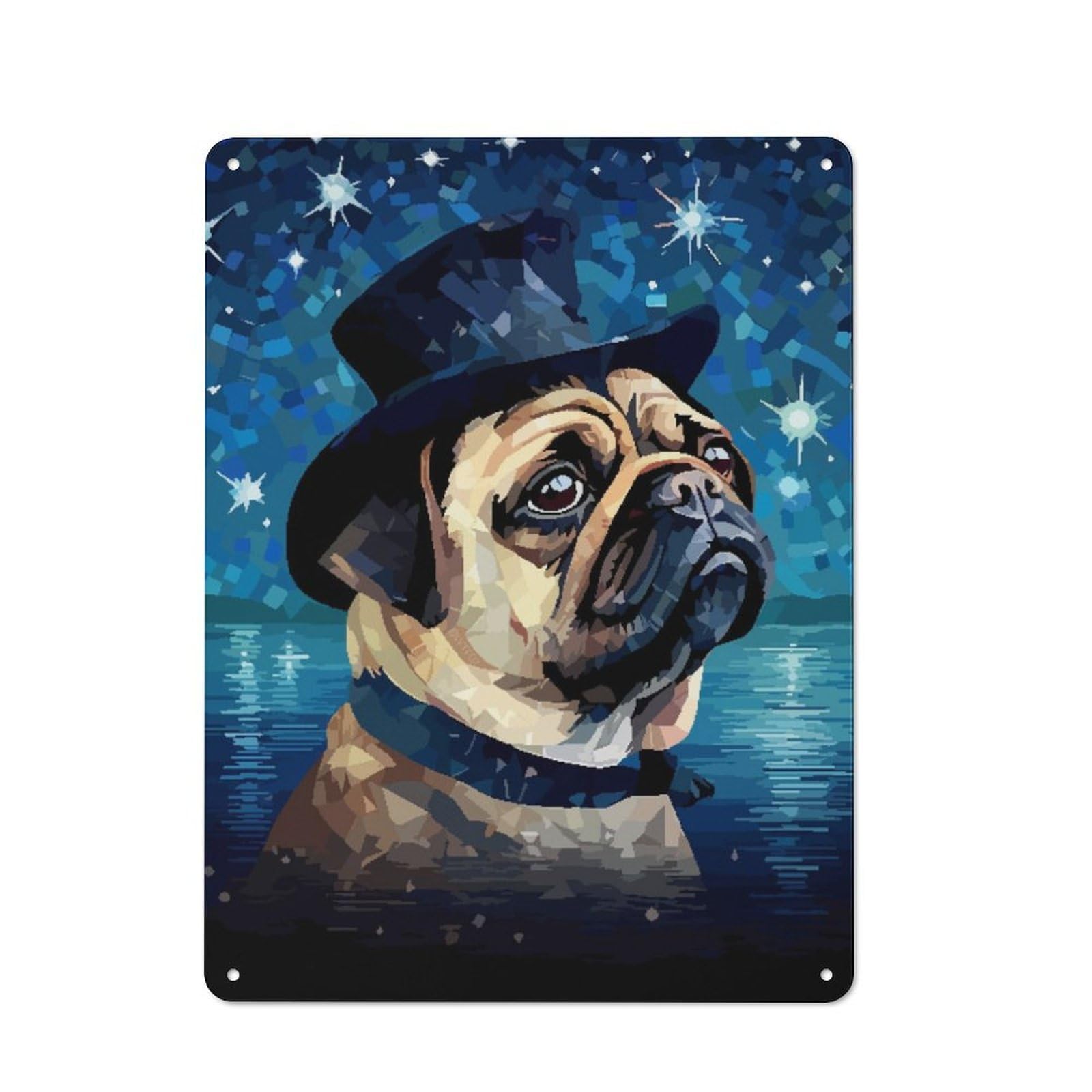 Junmoney Pug Top Hat Pixel Art Rustic Metal Plaque 40X30cm For Guest Room Or Hallway, For Home Interiors, Feature Walls And Decorative Displays