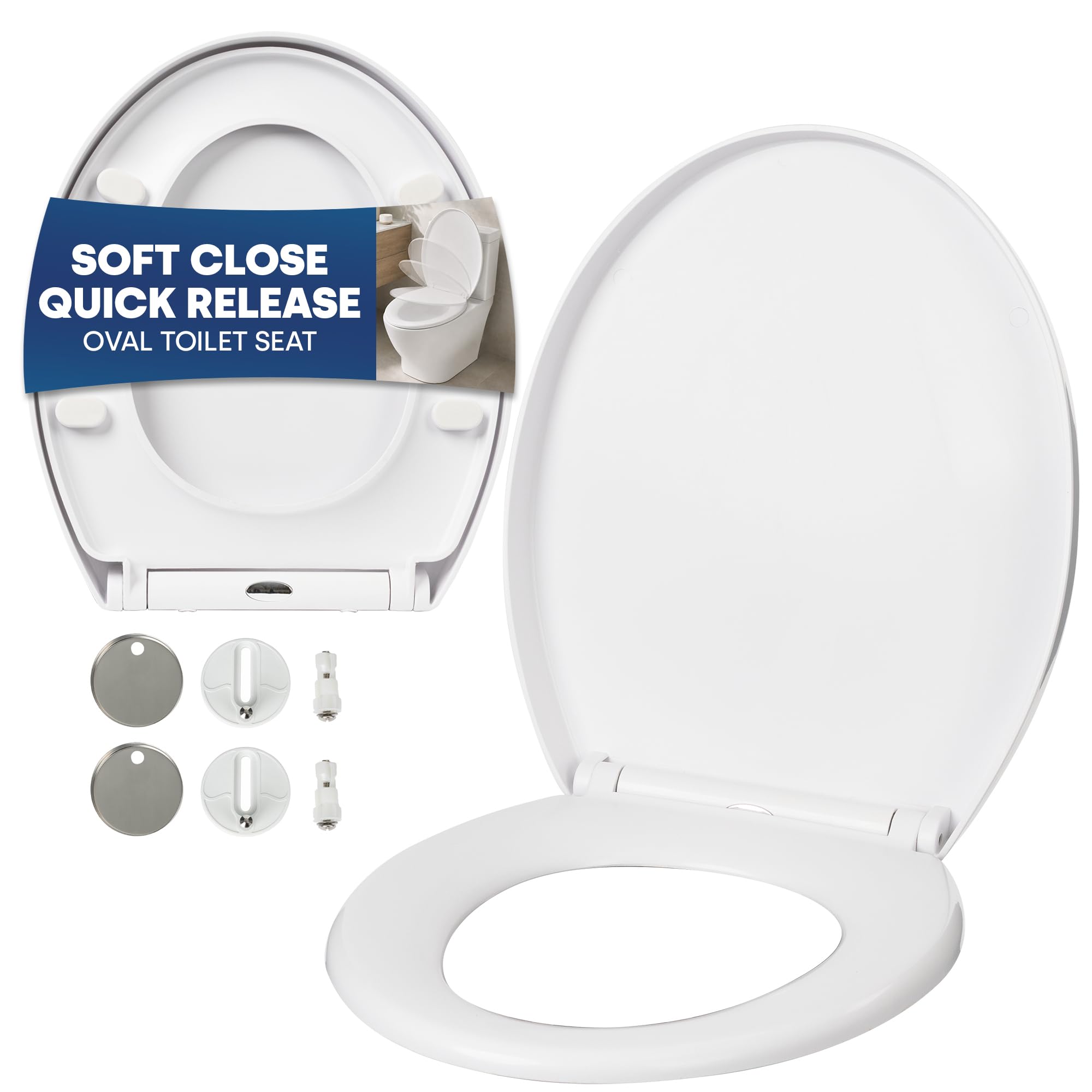 LIVIVO Oval Soft Close Toilet Seat White - Toilet Seat Soft Close with One Button Quick Release, 360° Adjustable Hinges, Non-Slip Pads & 150kg Load - Toilet Seats for Bathrooms, Cloakrooms, Ensuites