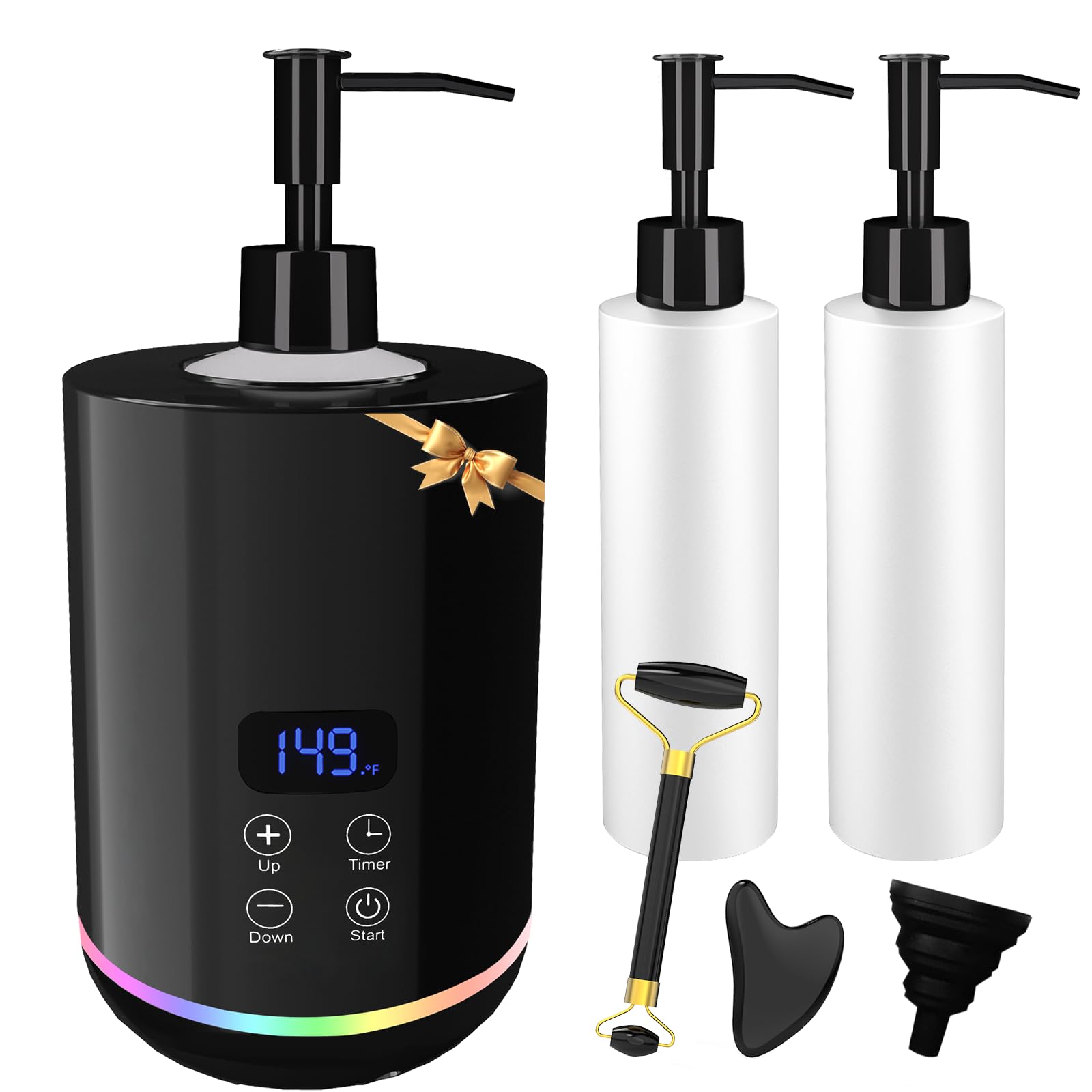Chauffe huile de massage professionnelle iklestar avec éclairage d'ambiance et flacons distributeurs, appareil chauffant pour crème corporelle avec rouleau Gua Sha, Noir