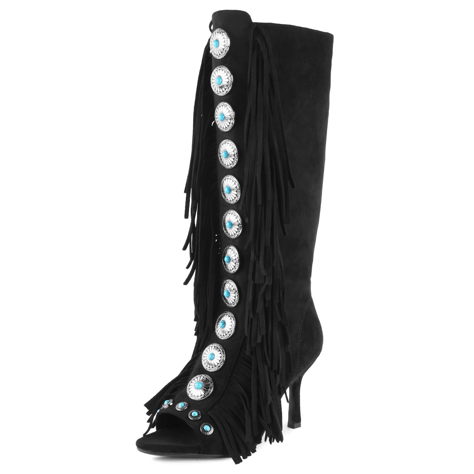 FancyQueen Gladiator Heels Knee High Heels for Women Open Toe Stiletto Suede Fringe Boots Lace up Strappy Peep