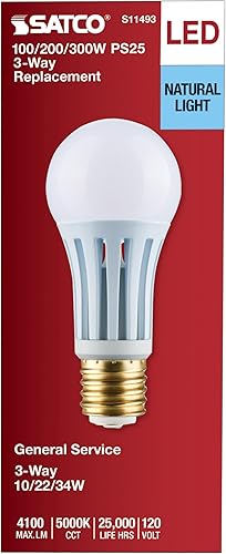 Miniatura 6 de Satco #S11493; lámpara LED de tres vías PS25 de 10/22/34 vatios; base Mogul E39d; 5000 K; acabado blanco; 120 voltios 6 bombillas LED