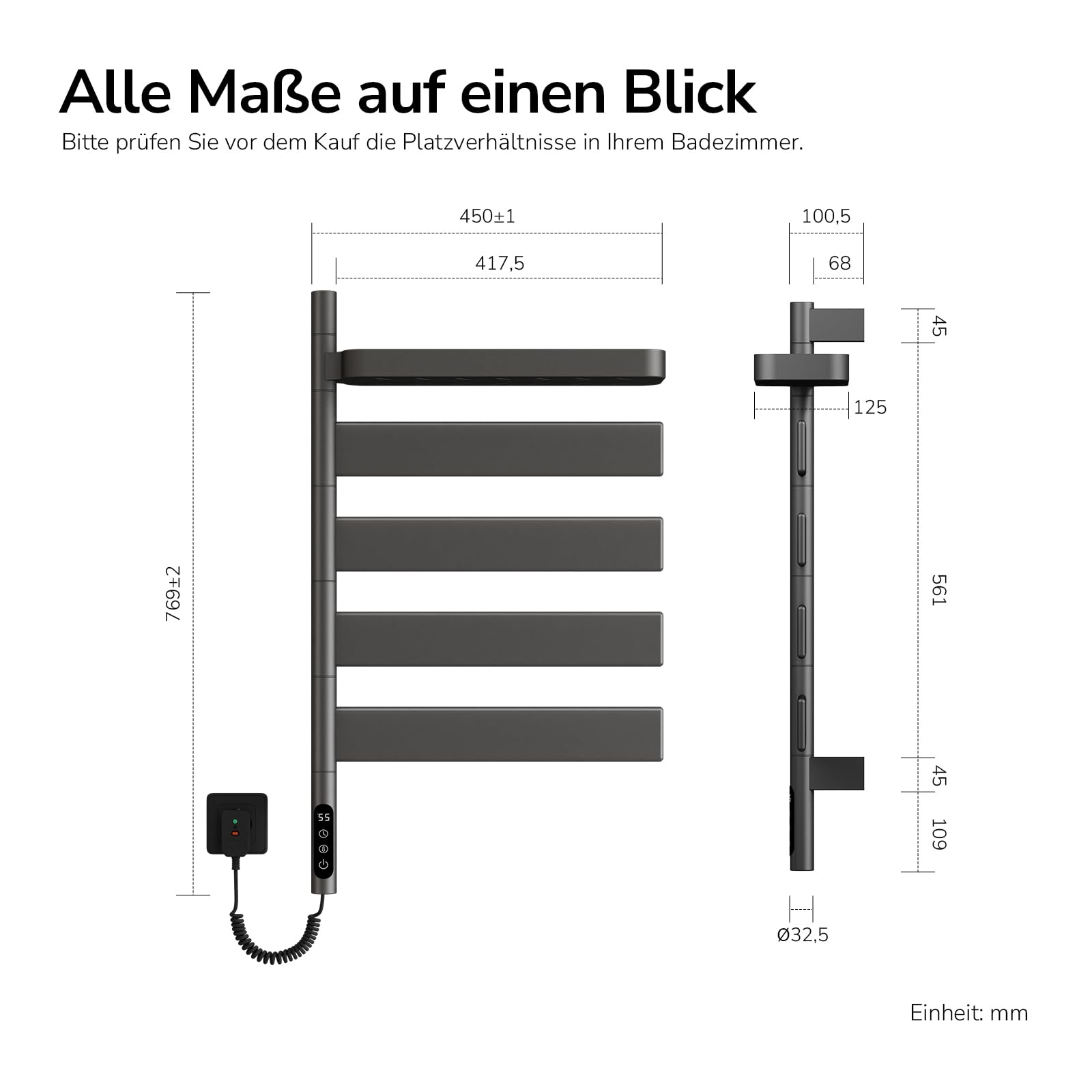 EMKE Elektrischer Badheizkörper 769x450 mm, 180° schwenkbarer Handtuchwärmer mit WiFi-App-Steuerung, Flacher Handtuchheizkörper mit Thermostat & Timer, 120 Watt, IP45, Grau