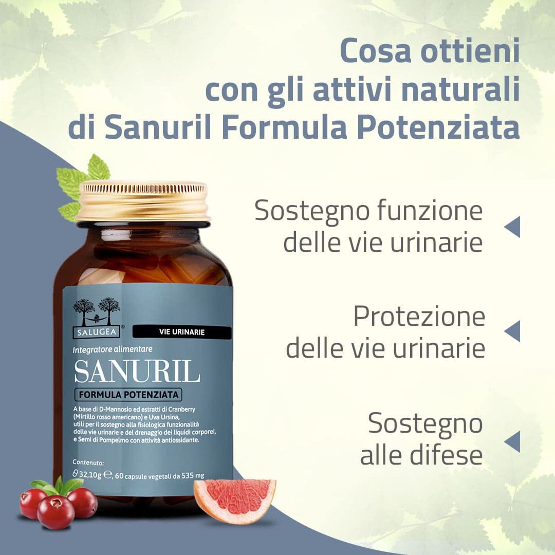 SANURIL Formula Potenziata Salugea - Integratore 100% Naturale - Con D-Mannosio, Cranberry, Uva Ursina e Semi di Pompelmo per il benessere delle Vie Urinarie - 60 Capsule - Flacone in Vetro