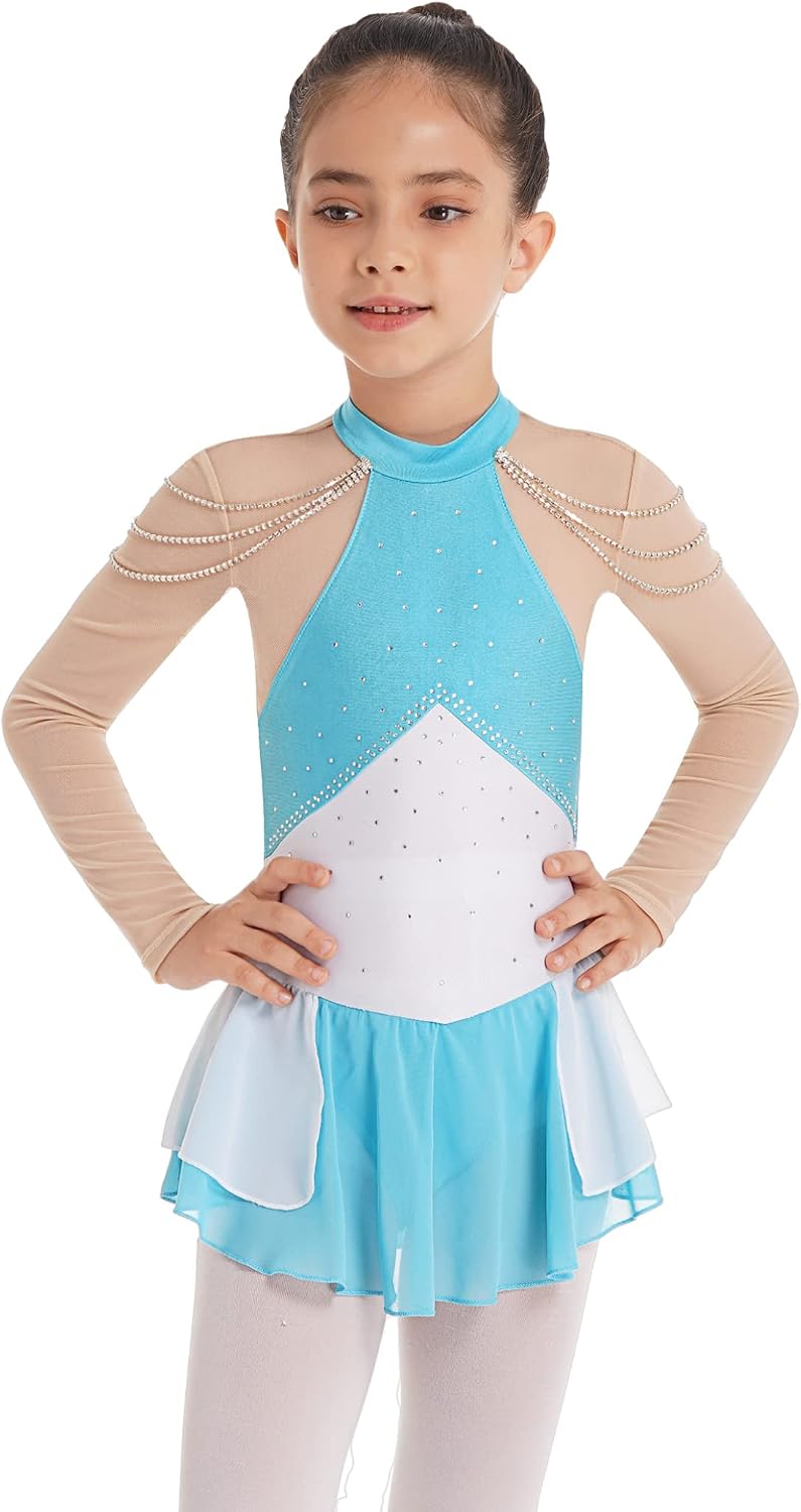 Loyan Kids Girls Ice Figure Skating Dress Long Sleeves Rhinestone Chain Roller Skating Dance Performance Tutu Leotard