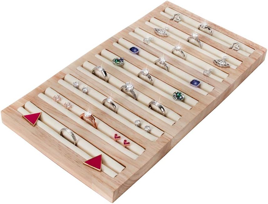 DesignSter Bamboo Wooden Ring Display Tray -Rectangle Large Capacity 9 Long Slots Leather Insert Jewelry Storage Holder Earring Showcase Organizer for Drawer, Dresser, Stackable