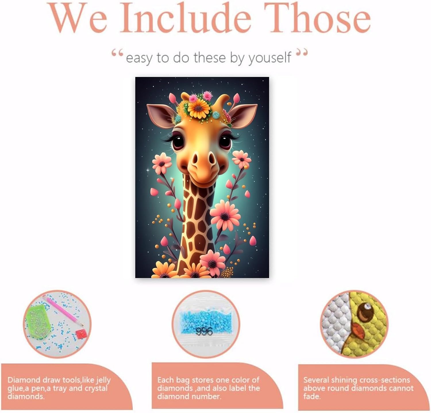 NSUAJOF Diamond Painting Kits DIY Full Round Drill Cartoon Giraffe with Flowers Soft Canvas Personalized Design, 5D Art - Home Wall Decor & Great Gift for Others 20x30 Inch