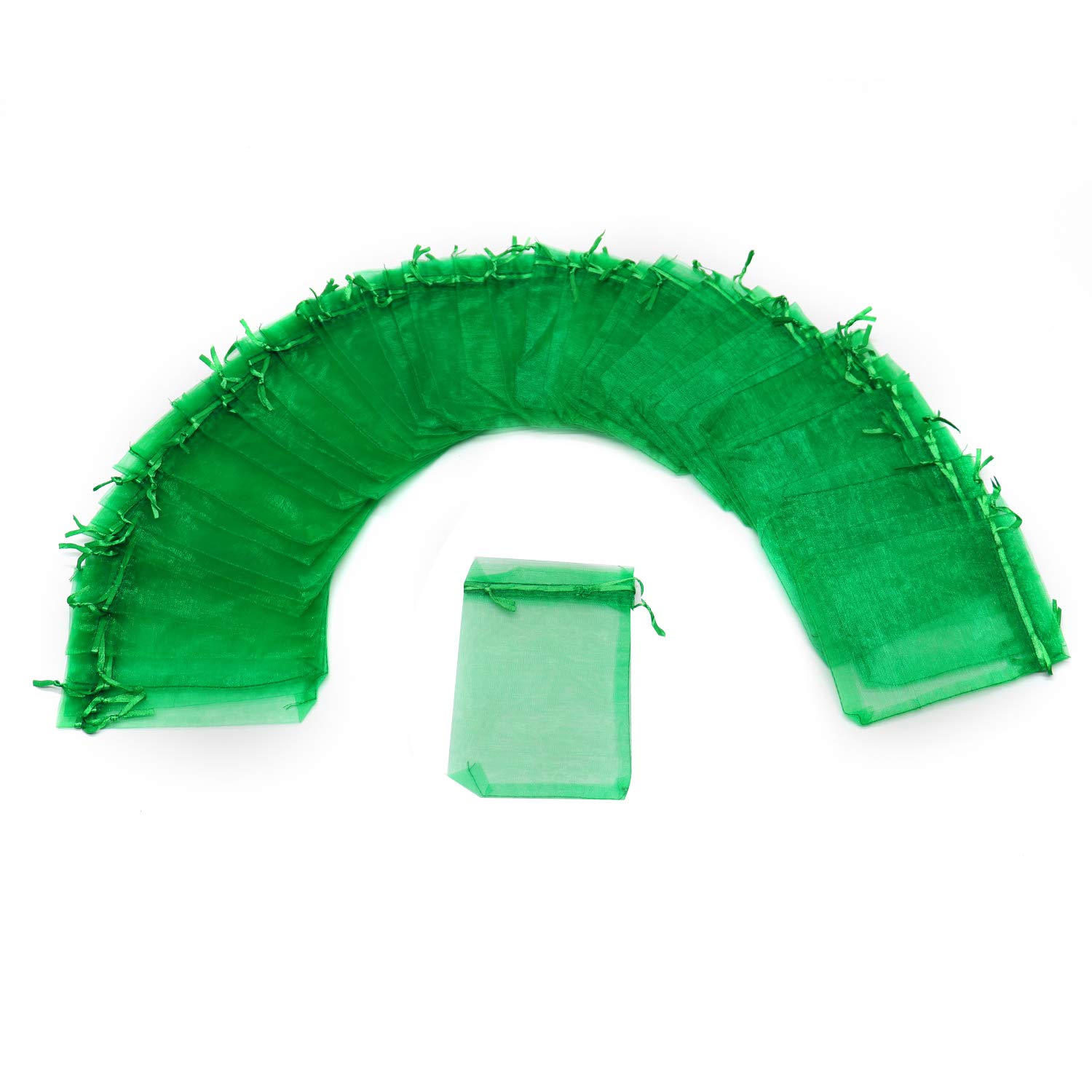 A bundle of 100 green organza bags with drawstring closures, ideal for small gifts and party favours.