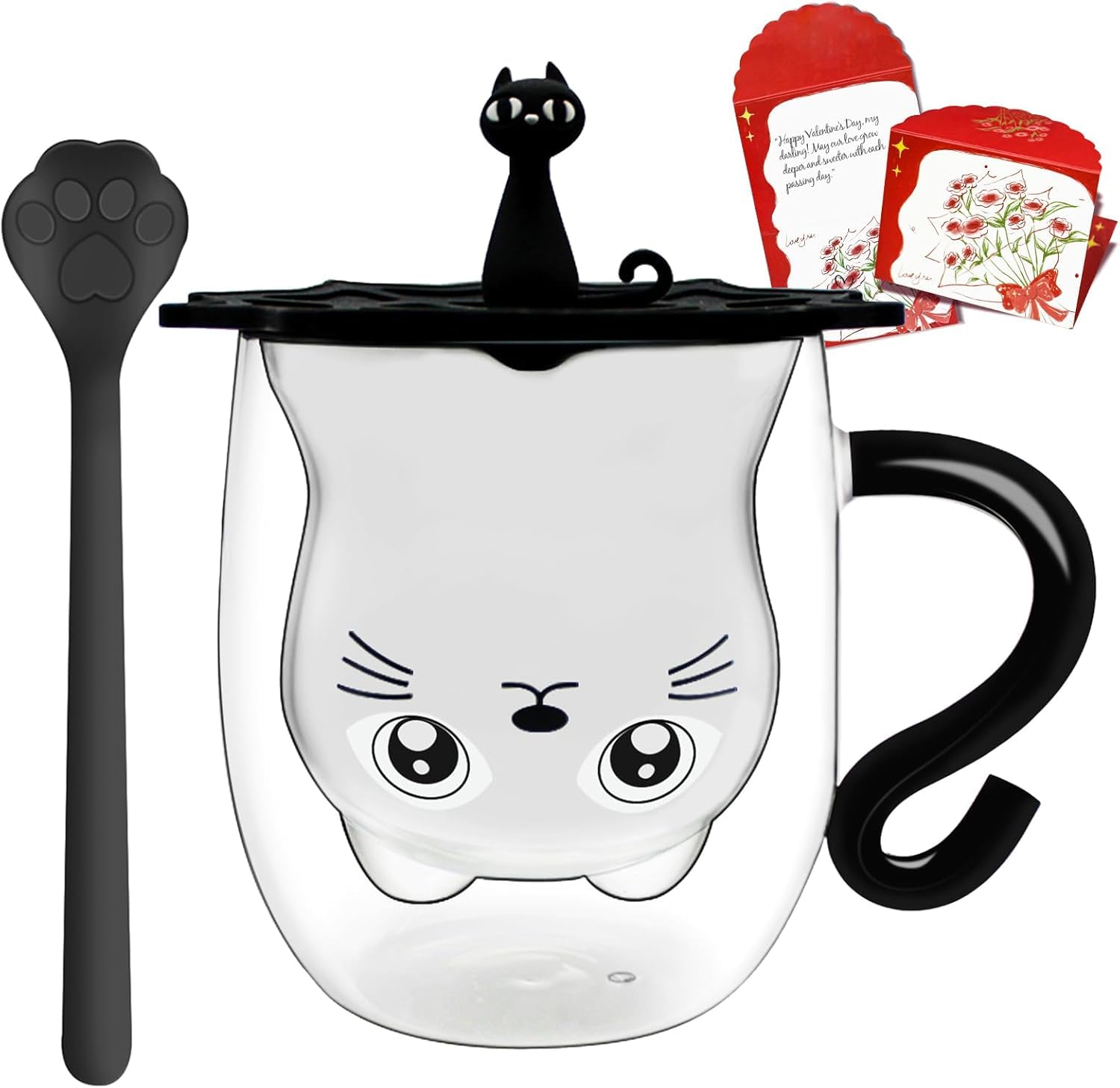 Afitdon Tazza Nera con Manico Vetro Doppia Parete con cucchiaio in acciaio inox a forma di zampa di gatto e coperchio in silicone & scheda di auguri, Tazza da Caffè di Gatto Carino per cappuccino