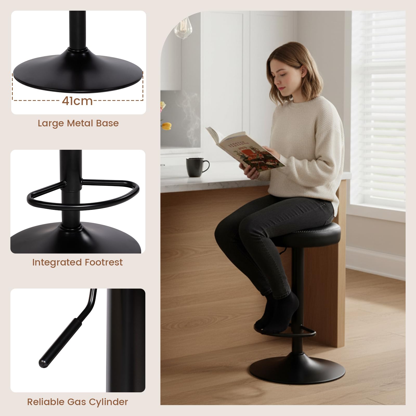 buybyroom Sgabello Cucina, Set di 2 Sgabelli da Bar Regolabili in Altezza con Poggiapiedi, Girevoli a 360°, Senza Schienale, Cuscino 8 cm, per Isola Cucina, Home Bar e Sala da Pranzo, PU, Nero