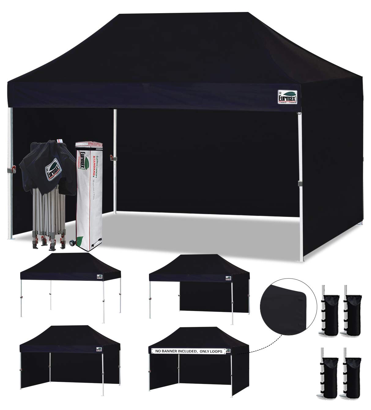 Eurmax USA 10x15 Pop Up Canopy Tent,Commercial Tent with Patented No-Tip Rolling Bag,4 Zippered Removable Walls,UV &amp; Water Resistant Canopy Top,Heavy Duty Outdoor Gazebo,Instant Shelter(Black)