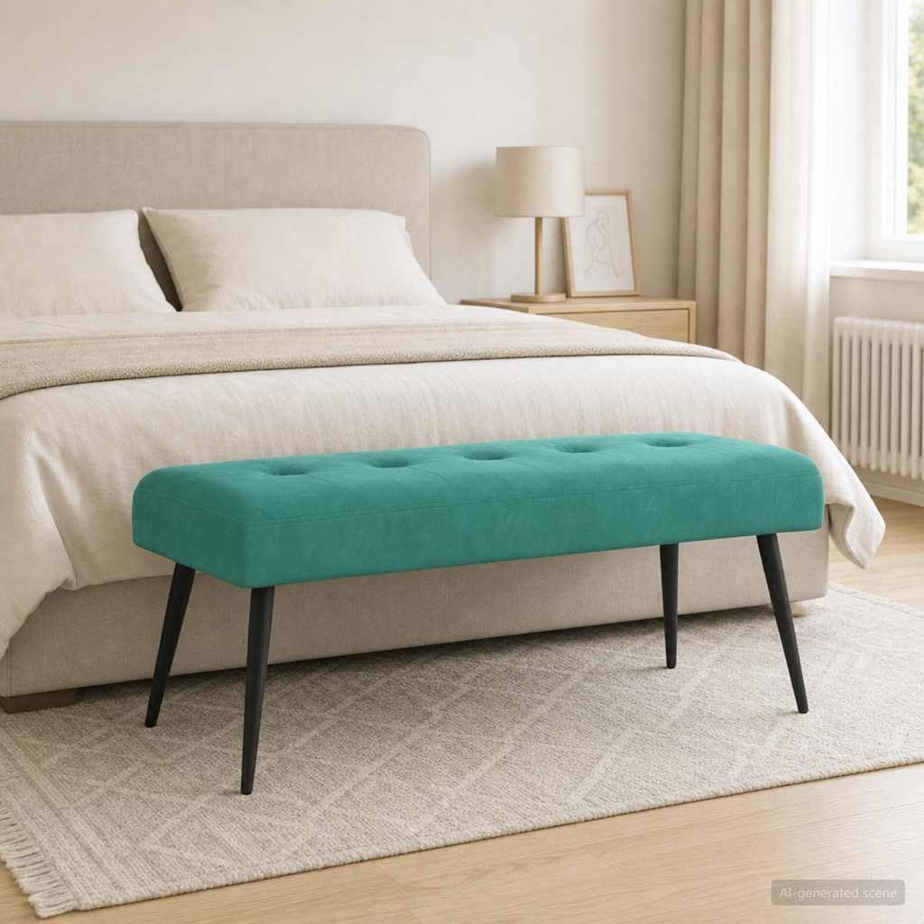 Sitzbank Samt Türkis - Elegante Polsterbank mit Knopfheftung, 110 x 40 x 46 cm - Moderne Bettbank und Flurbank mit Metallbeinen für Schlafzimmer und Wohnzimmer