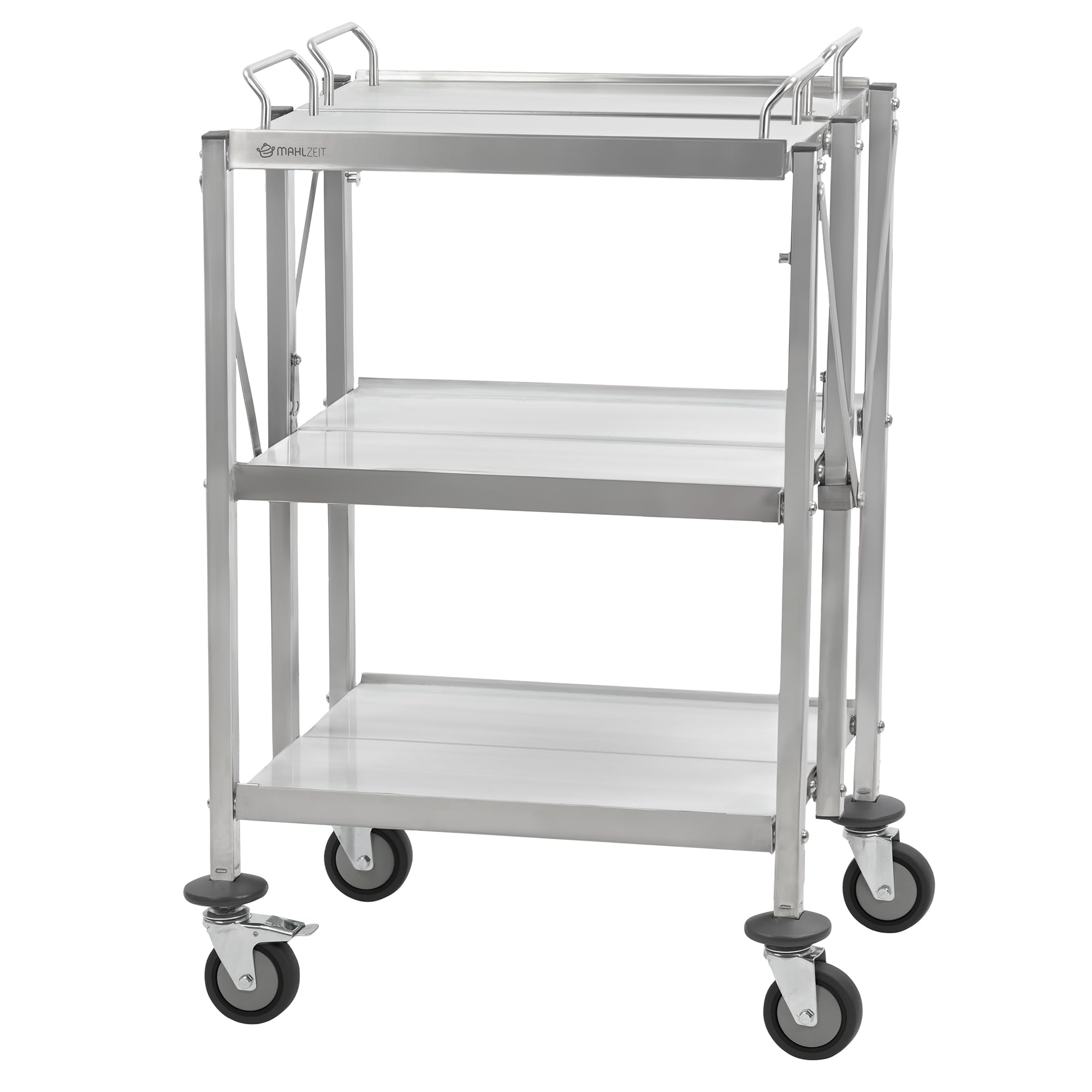 Mahlzeit Faltbarer Servierwagen Edelstahl mit 3 Etagen | 67 x 46 x 98 cm | klappbarer Küchenwagen mit Rollen | Beistelltisch für Küche & Grill