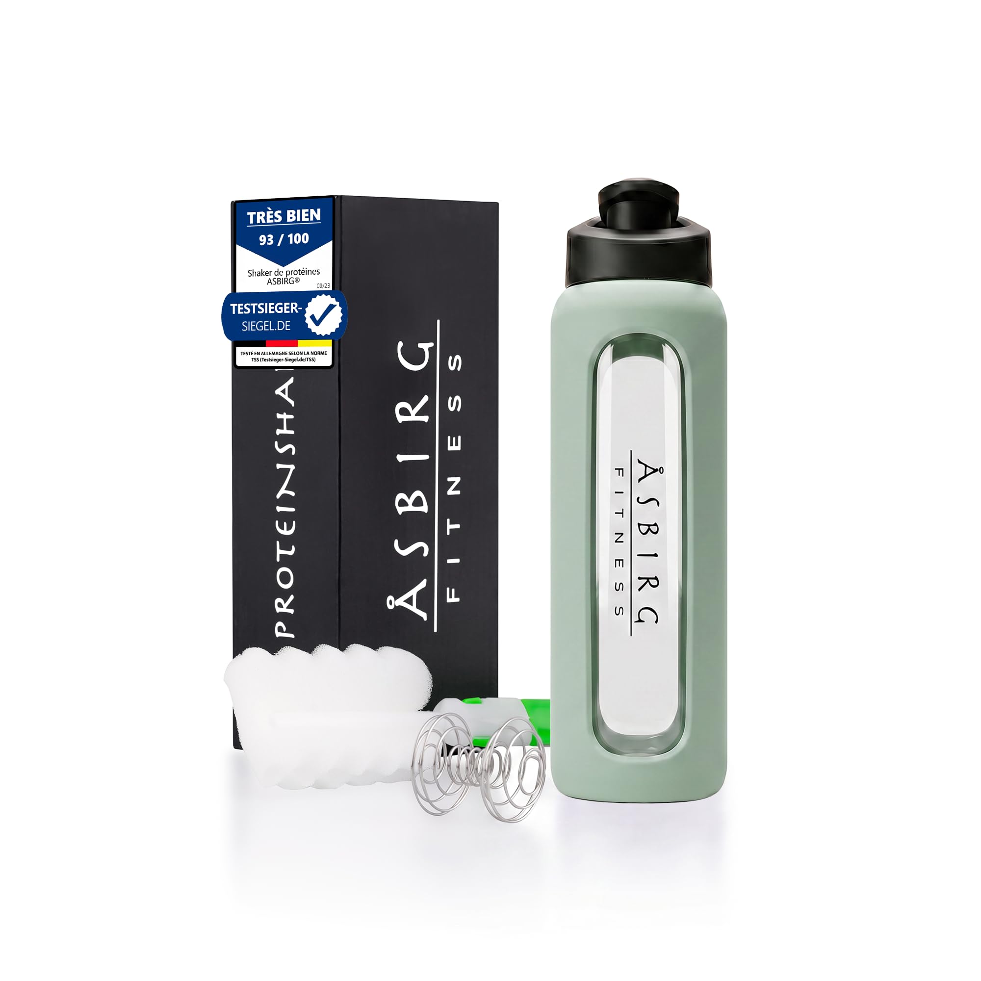 Shaker Protéines en Verre Trempé - 700ml Gourde avec Boule Mélangeuse | Étanche, Sans BPA & Résistant | Vert Pastel