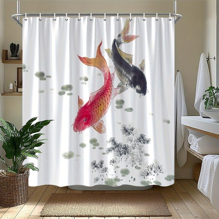 Traditioneller japanischer Duschvorhang mit Koi-Karpfen und Seerosen, wasserdichter Stoff-Badezimmervorhang, Badewannenabtrennung, Badewannendekoration (250 x 220 cm/B x H)