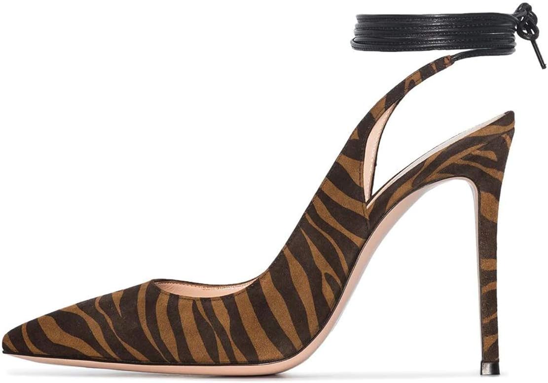 FSJ Women Suede Sexy Zebra Pattern Slingback Pumps Lace Up Ankle Strap Stiletto High Heels Pointed Toe Dress Shoes 4-15 US