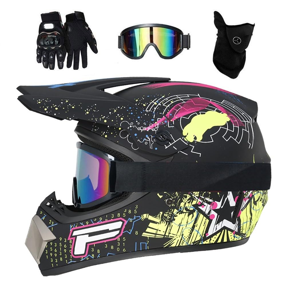 Unisexo MTB Casco de Motocross, Juventud Niños Integral Todoterreno ATV Moto Cascos, Deporte Al Aire Libre Descenso Enduro Quad Dirt Bike Chocar Casco, con Gafas Guantes Mascarilla