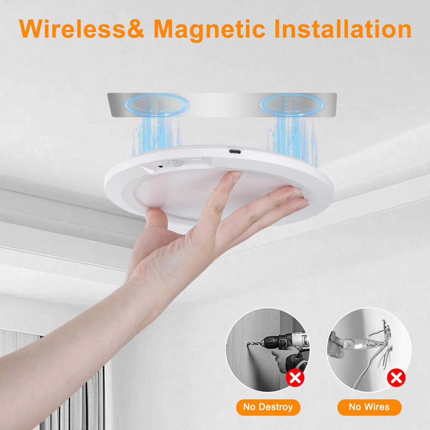 Plafonnier à piles rechargeable avec détecteur de mouvement et télécommande, 5 températures de couleur, plafonnier magnétique sans fil alimenté par piles pour placard, salle de bain, escaliers