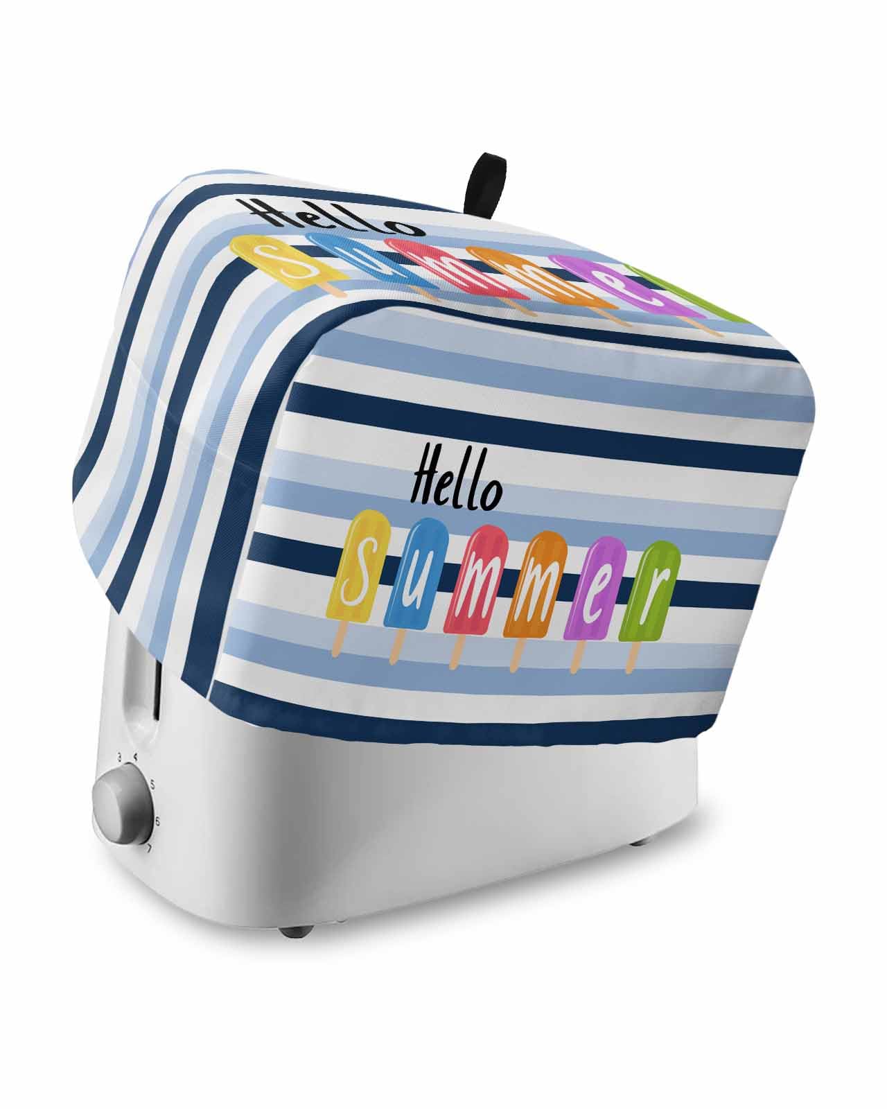 Hello Summer Toaster Cover 2 Slice, Watercolor Blue Striped Colorful Ice Cream Dustproof Bread Machine Oven Cover with Storage Pockets, Fits Most Kitchen Toasters Protector