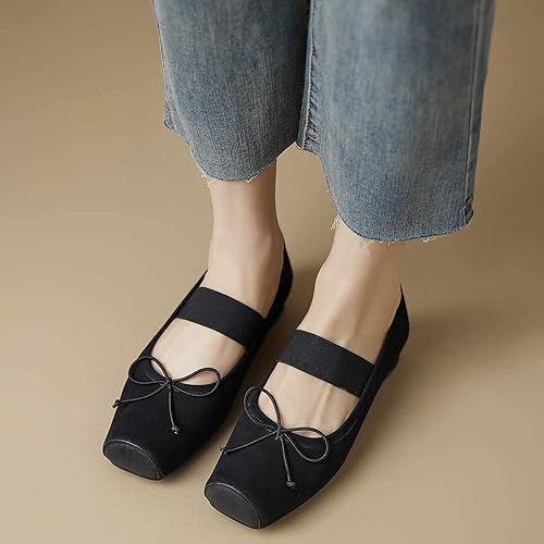 Miniatura 2 de Zapatos planos de ballet de piel nobuck para mujer, punta cuadrada retro con banda ancha elástica entrecruzada, zapatos de tacón bajo y fino