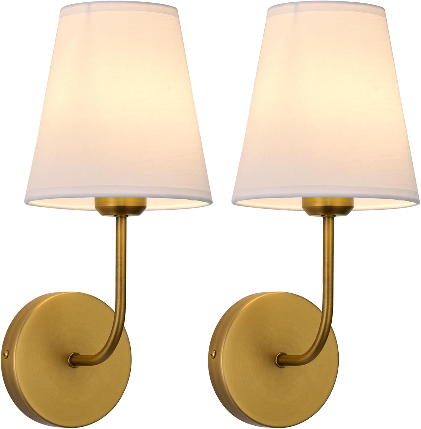 Antique Brass Hardwired Wall Sconce Set of 2 - Matte Gold Finish with White Fabric Shades，Bedroom Lighting, Living Room, Farmhouse, Fireplace, Hallway, Bedside Lamp,Bathroom Wall Lights