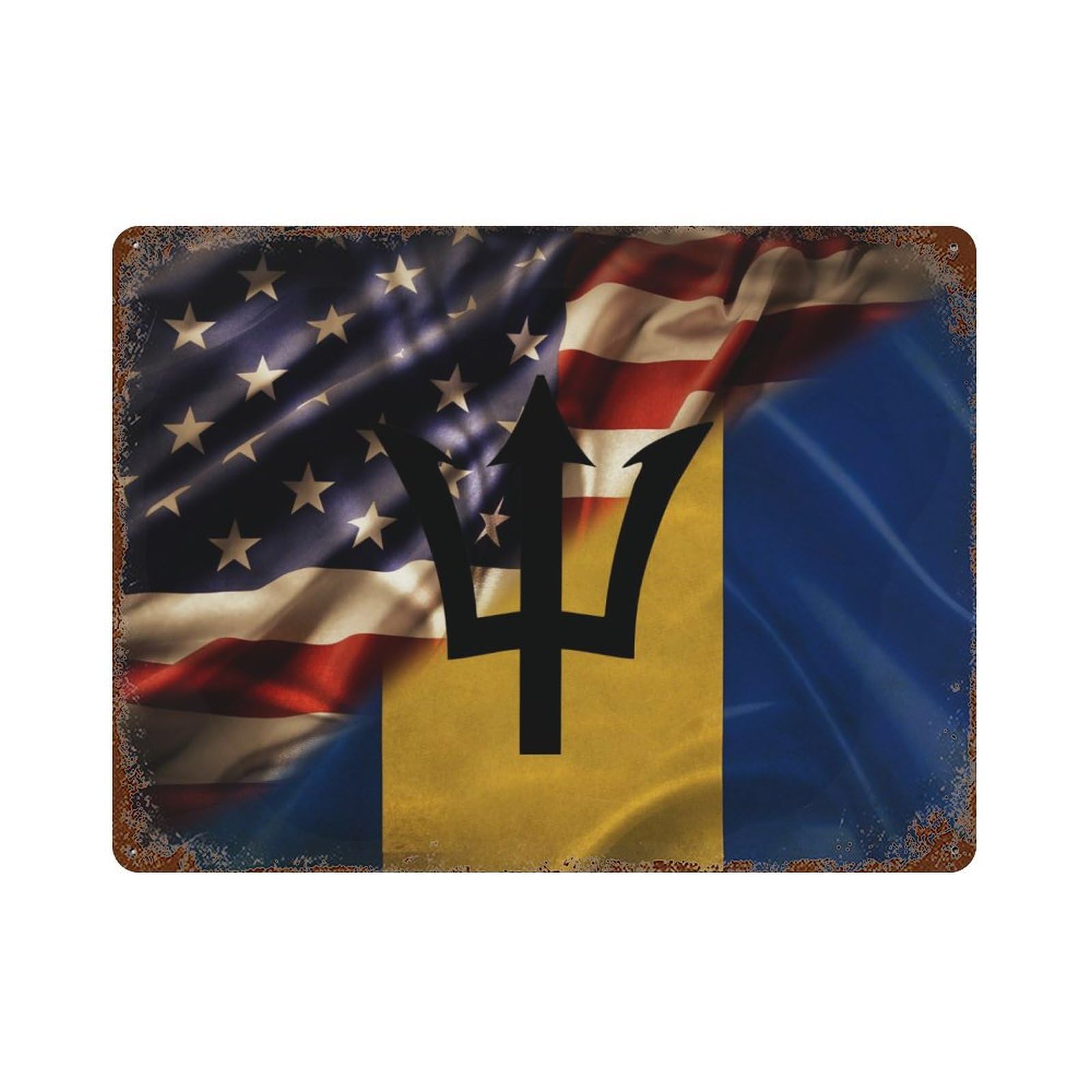 KWQDOZF Combined Barbados And USA Flag Theme Metal Tin Sign,Vintage Iron Hanging Plate Horizontal with Rust Poster Wall Decor 12x16inch