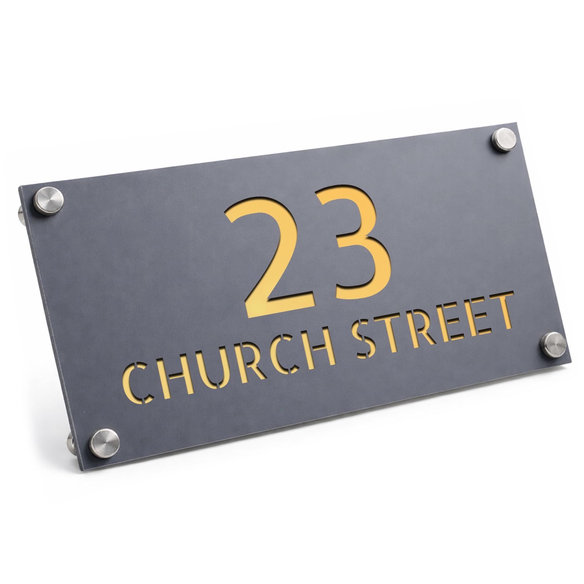 Red Ocean House Number Plaques - Matt Grey House Sign Plaque | Door Number For Outside Wall | Personalised Address Signs | Street Address Plaques (Grey With Gold Back)