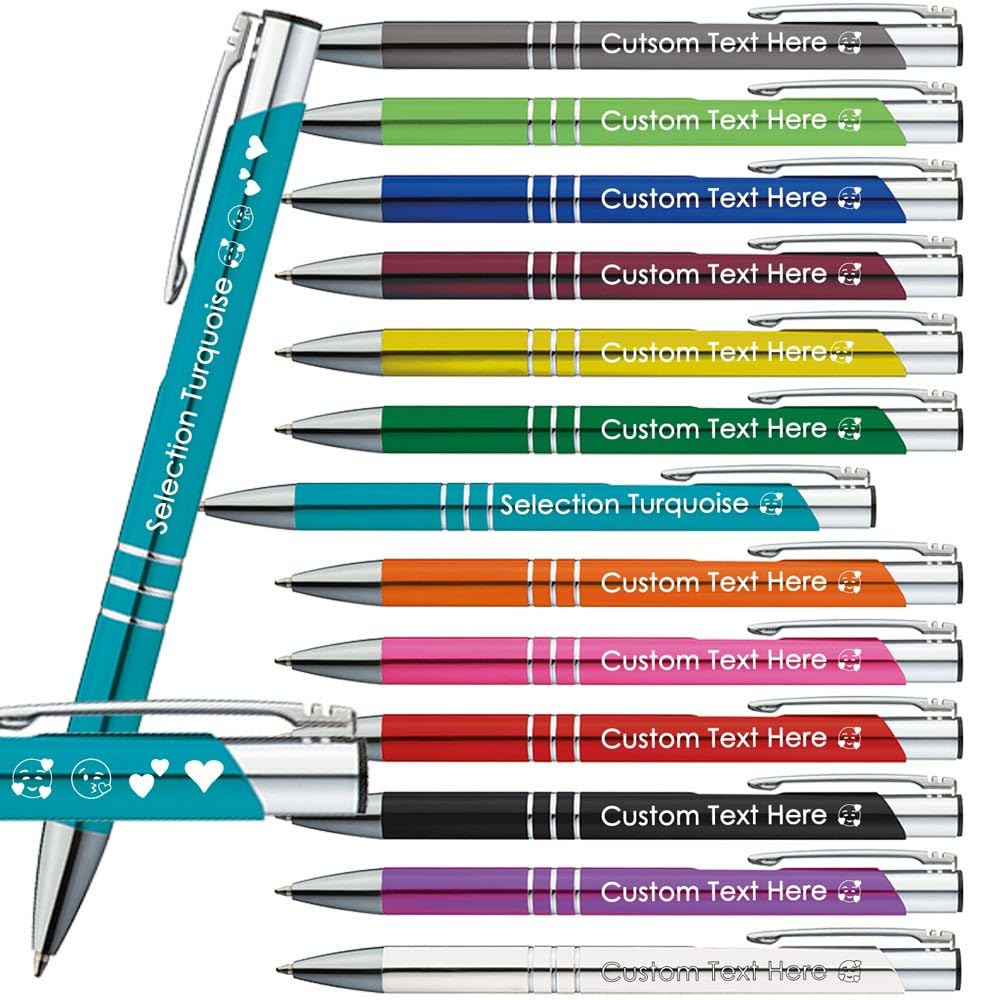 Juwelier Schönschmied Ballpoint Pens with Engraving | Emojis Engraving Possible | 13 Colours | Promotional Ballpoint Pens with Desired Engraving | Personalised Pens (Turquoise, 25)