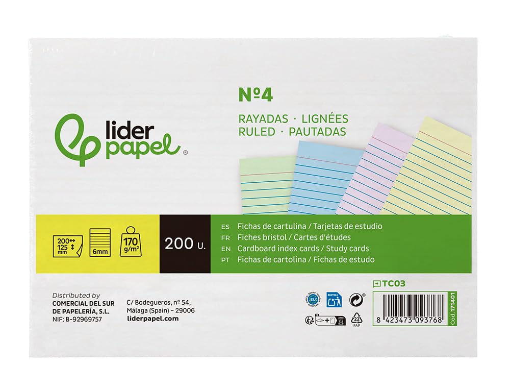 Leaderpapel Card for Studying Ruled Coloured cardstock 170 g/m2 100x150 mm Pack of 200 Units.