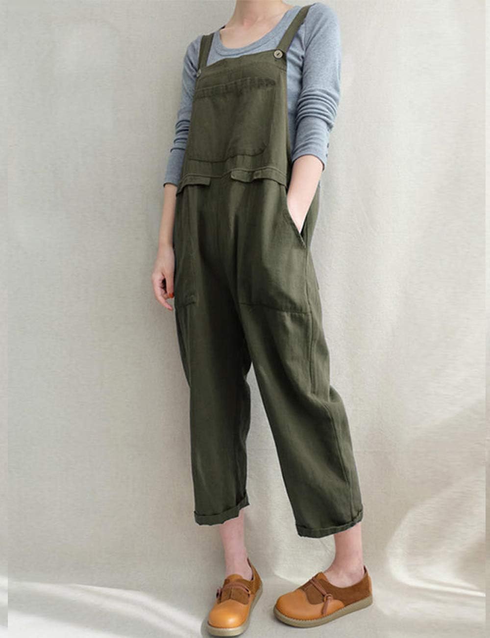 Women's Baggy Linen Overalls Jumpsuit Loose Rompers Wide Leg Casual Pants with Pockets - Image 3