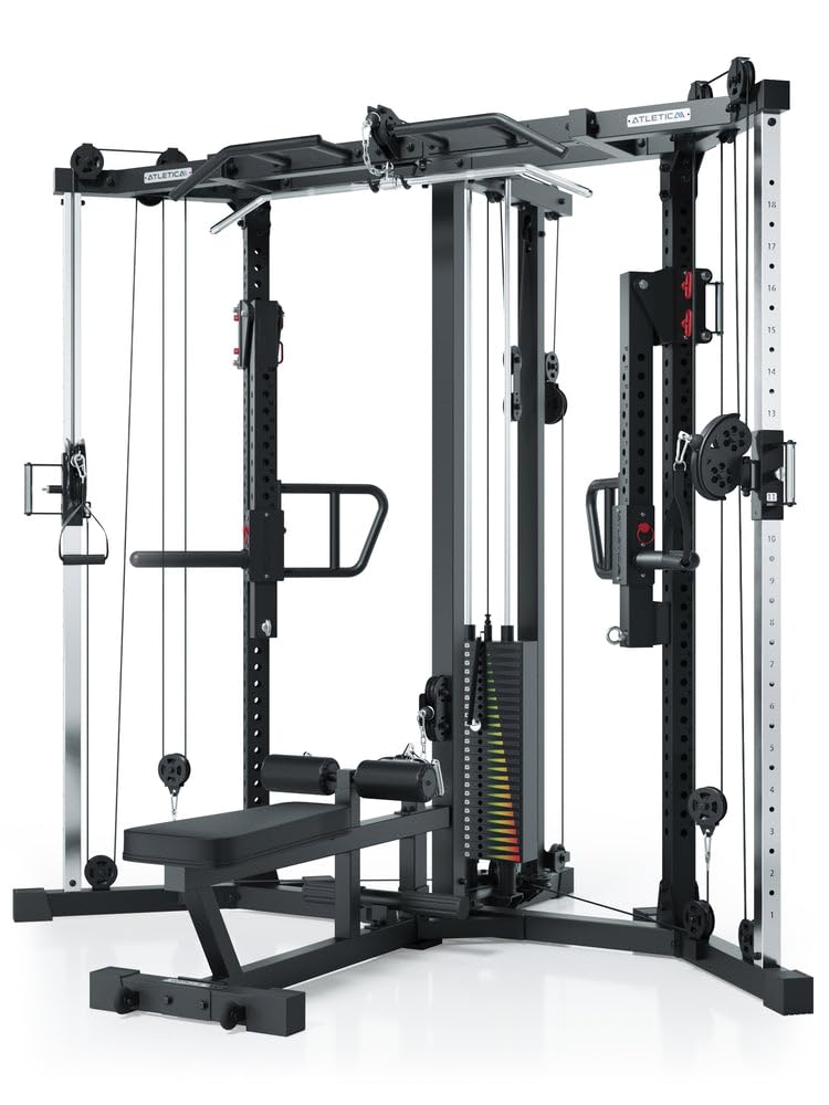 Atletica XTRIA | Kabelzugstation | Cross-Over-Kabelzug mit LAT- und Ruderzug | 125kg Gewichtsblock | abnehmbare Hantelbank | als Eck-Lösung für maximale Raumeffizienz
