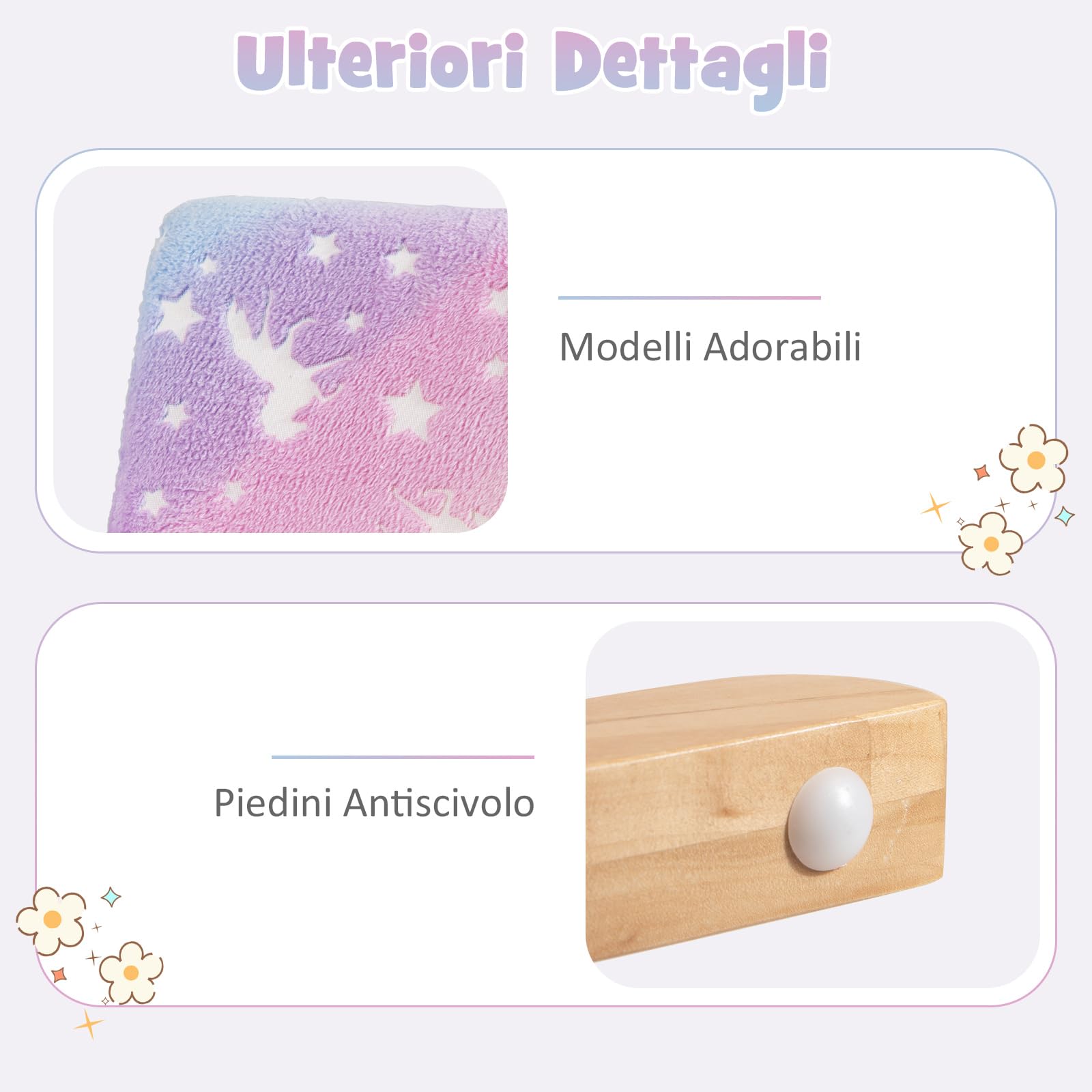 COSTWAY Sedia Dondolo per Bambini da 3 a 5 Anni, Poltrona in Flanella con Piedi a Dondolo in Legno, Motivi che si Illuminano al Buio,56 x 49 x 50 cm, Blu e Viola