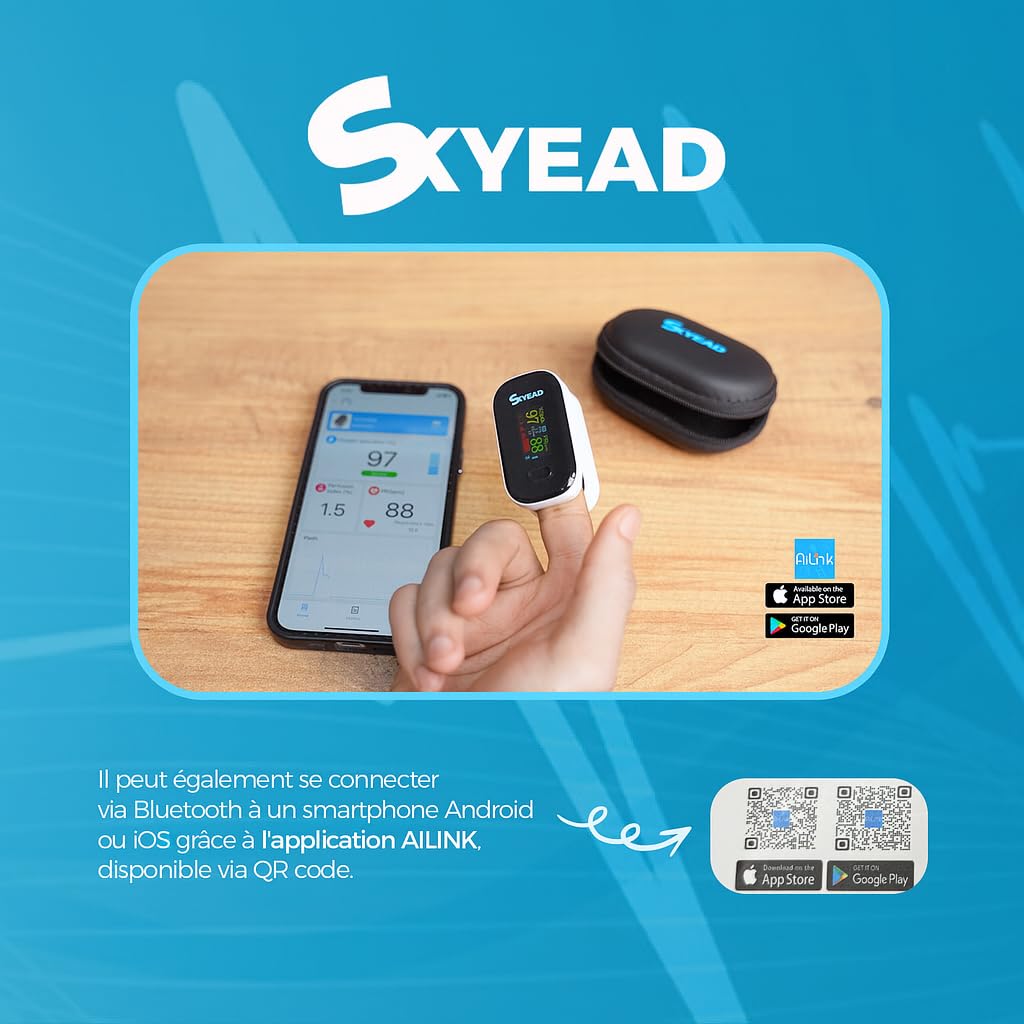 Oxymètre de Pouls - saturomètre professionnel Bluetooth SKYEAD SK-25A – Suivi SpO2 & Fréquence Cardiaque – Écran HD – Appli AILINK iOS/Android – Étui + Piles Inclus – Hommes/Femmes/Sport/Santé (SK25A)