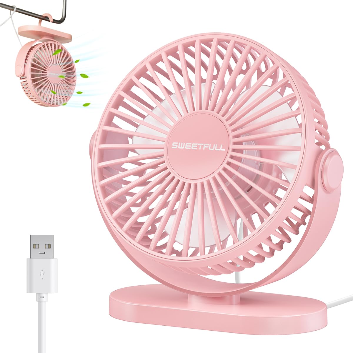 LULUWA USB Desk Fan Small Quiet 3 Speeds Mini Personal Portable Fan 360° Rotation Adjustable, 5 Inch Office Table Cooling Gadgets on Desktop (Pink)