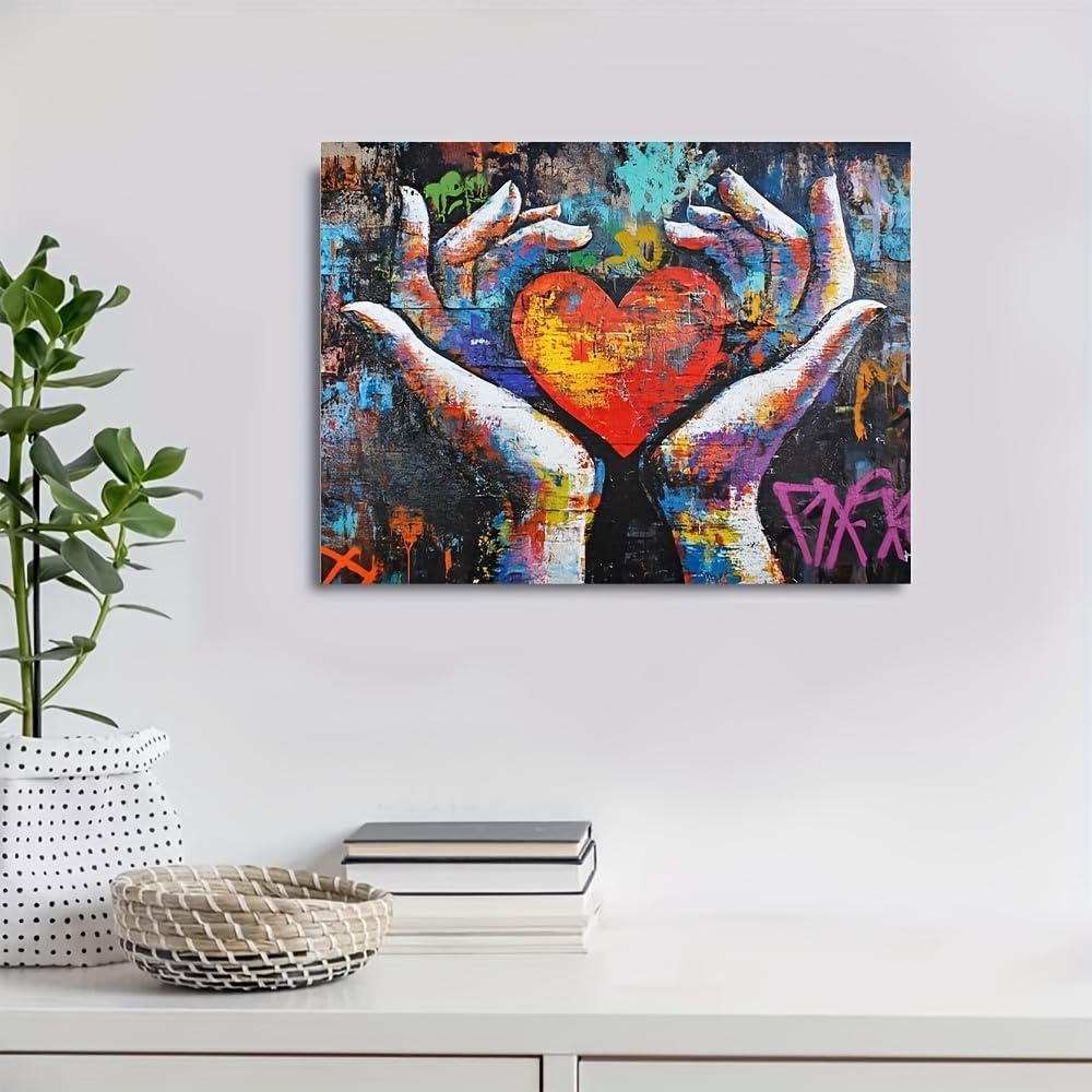 Cuadro de Banksy "Corazón vibrante con manos coloridas" (60x120cm/con marco)